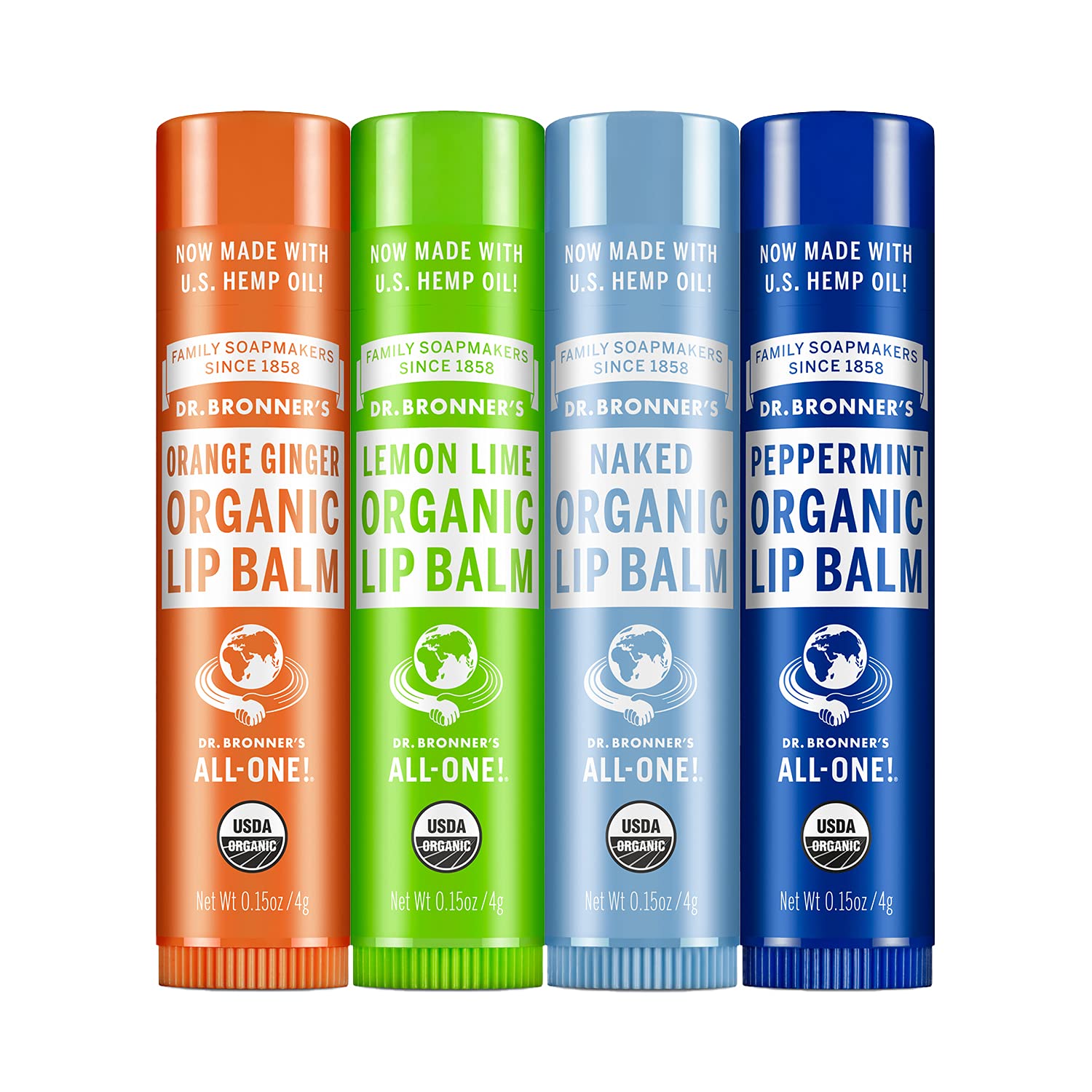 Dr. Bronner's Organic Lip Balm - 4 Pack (Naked, Peppermint, Lemon Lime, Orange Ginger)